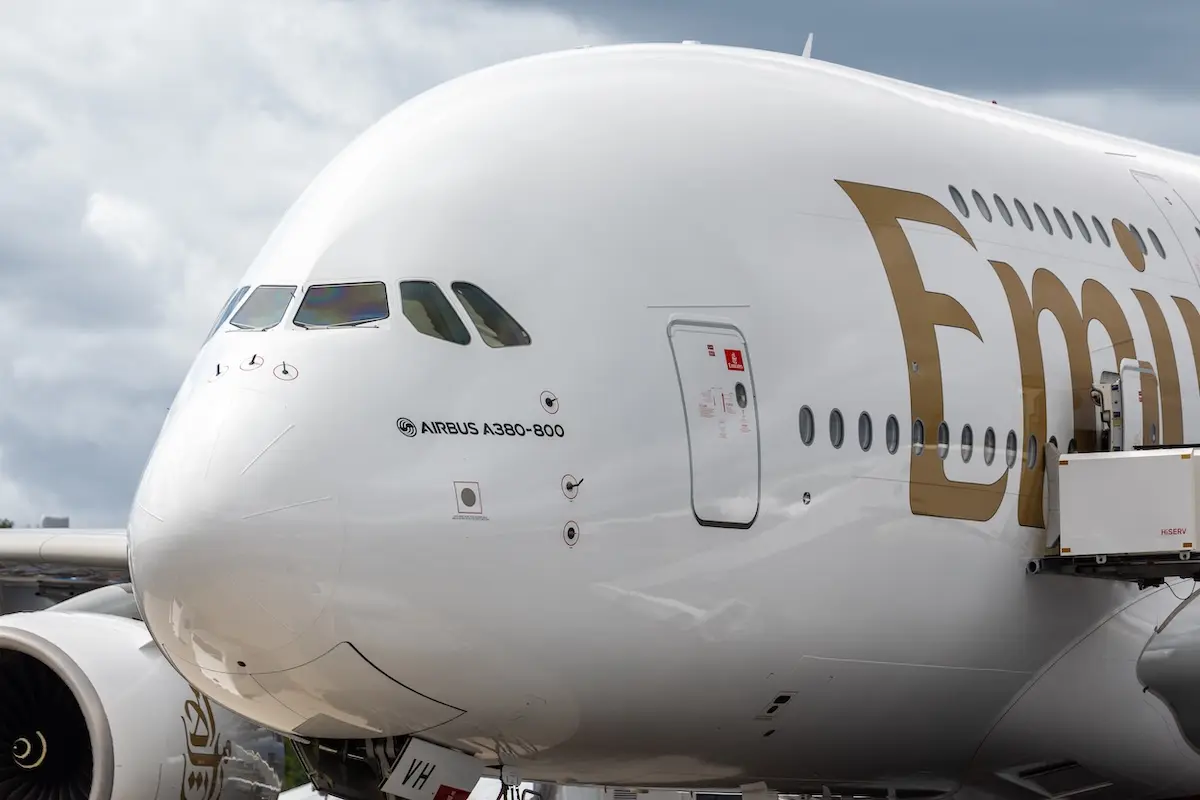 Scenic side view of the Airbus A380-800 with Emirates