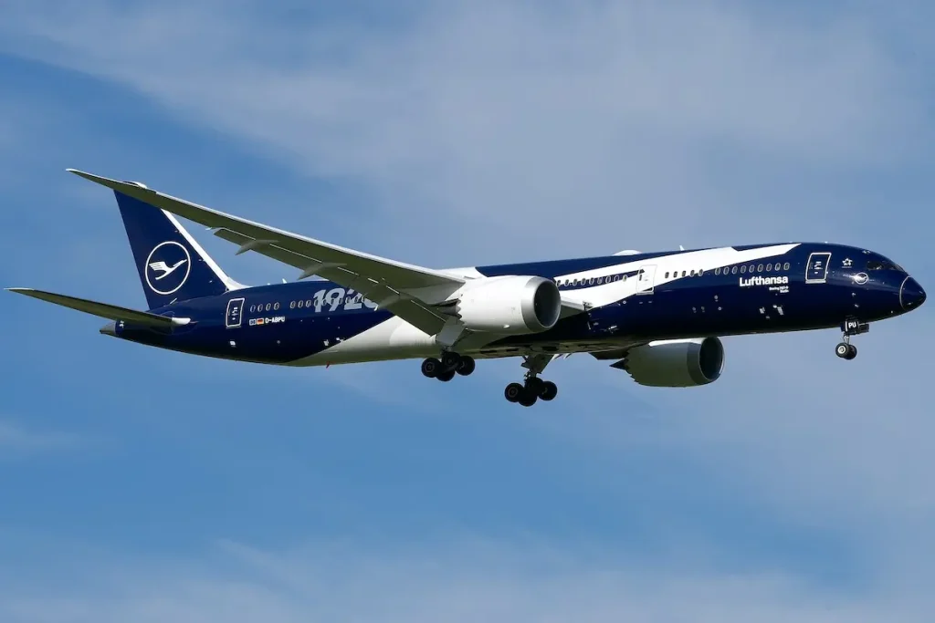 Lufthansa Boeing 787-9 Dreamliner registration D-ABPU with 100th anniversary livery landing at Swiss Zürich Airport
