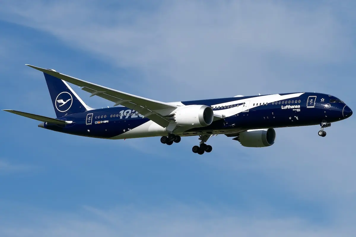 Lufthansa Boeing 787-9 Dreamliner registration D-ABPU with 100th anniversary livery landing at Swiss Zürich Airport