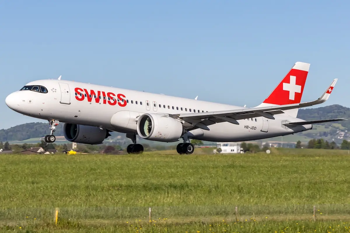 Swiss Airbus A320neo airplane at Zurich airport in Switzerland