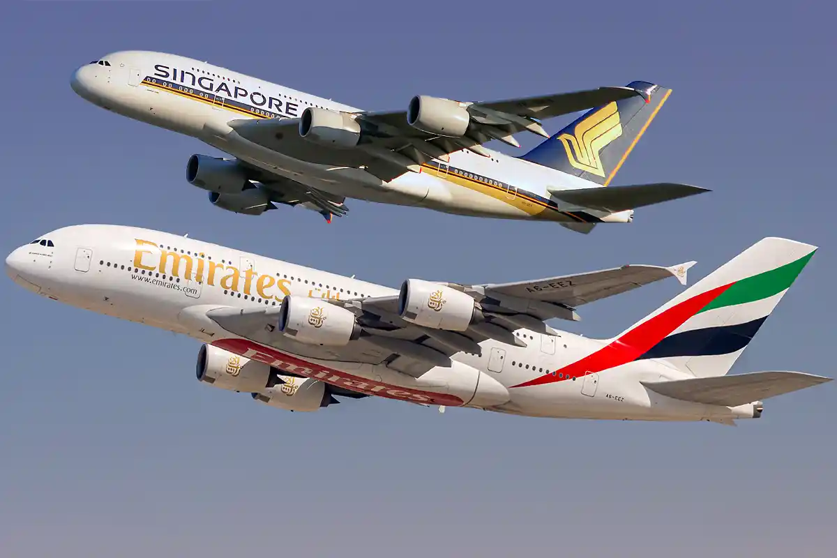 An Emirates and Singapore Airlines Airbus A380 in the skies