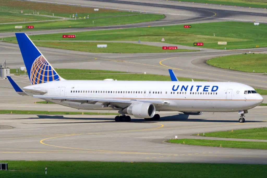 United Airlines Boeing 767-300 registration N647UA airplane taxiing to runway at Swiss Airport