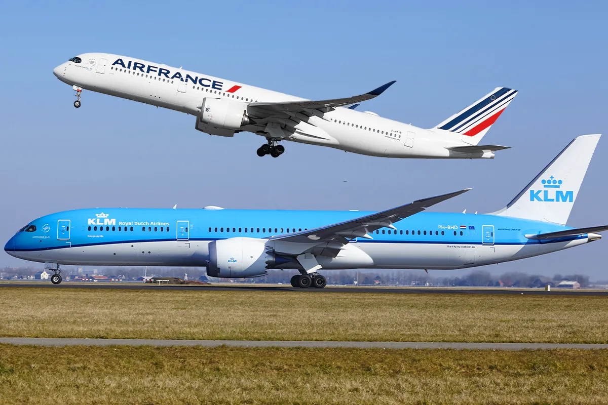 KLM Boeing 787 departs with Air France A350 in the background