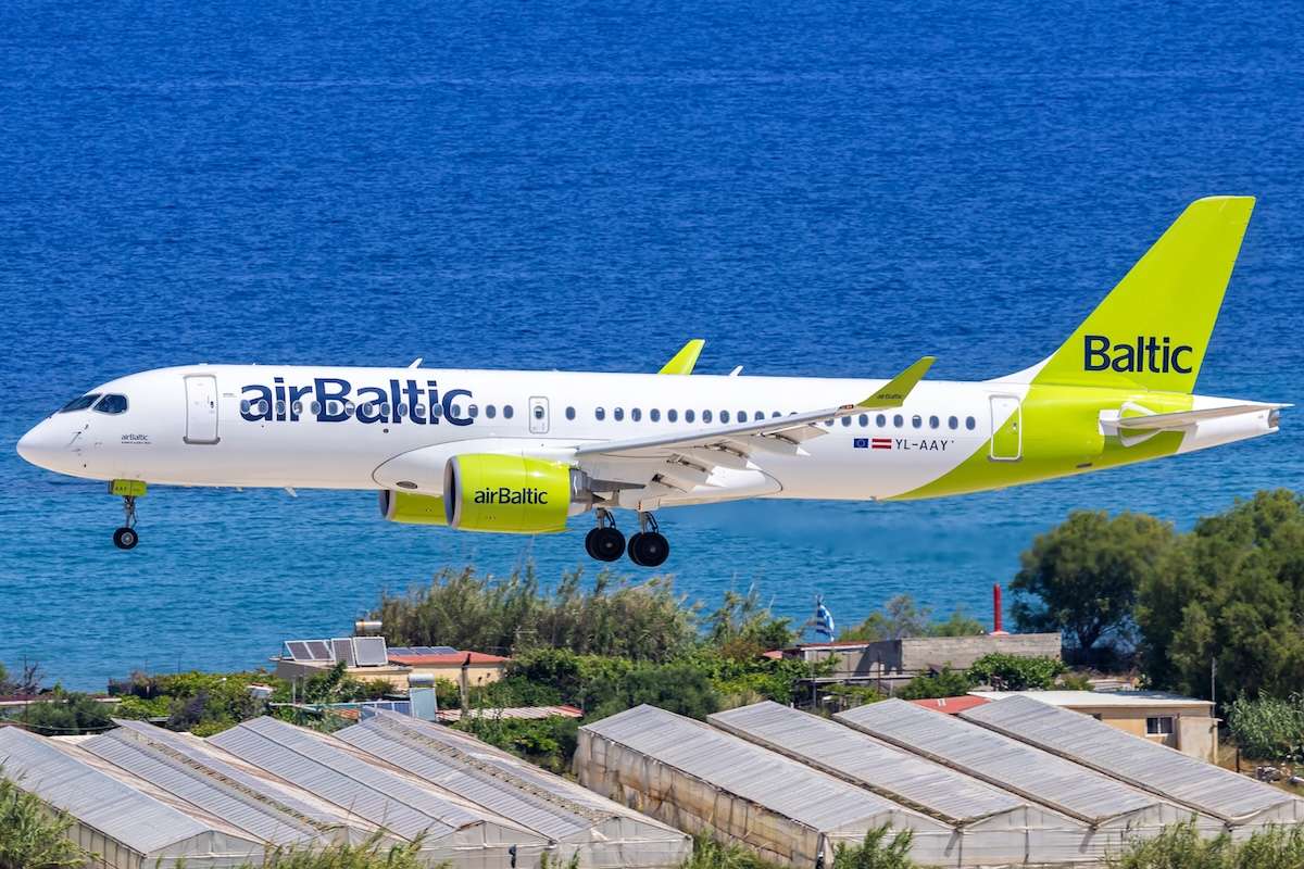 Air Baltic Airbus A220-300 airplane at Rhodes airport in Greece