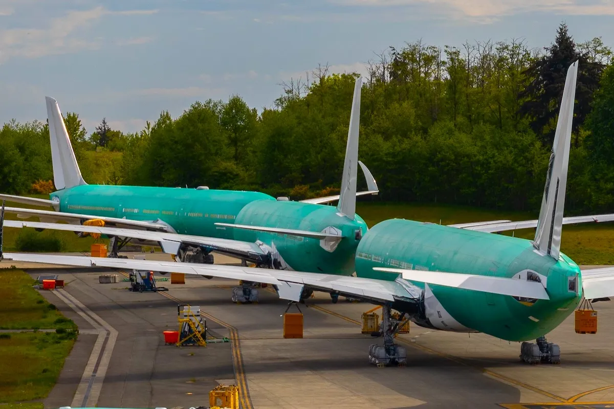 Early build Boeing 777-9s parked as the type awaits certification from the FAA