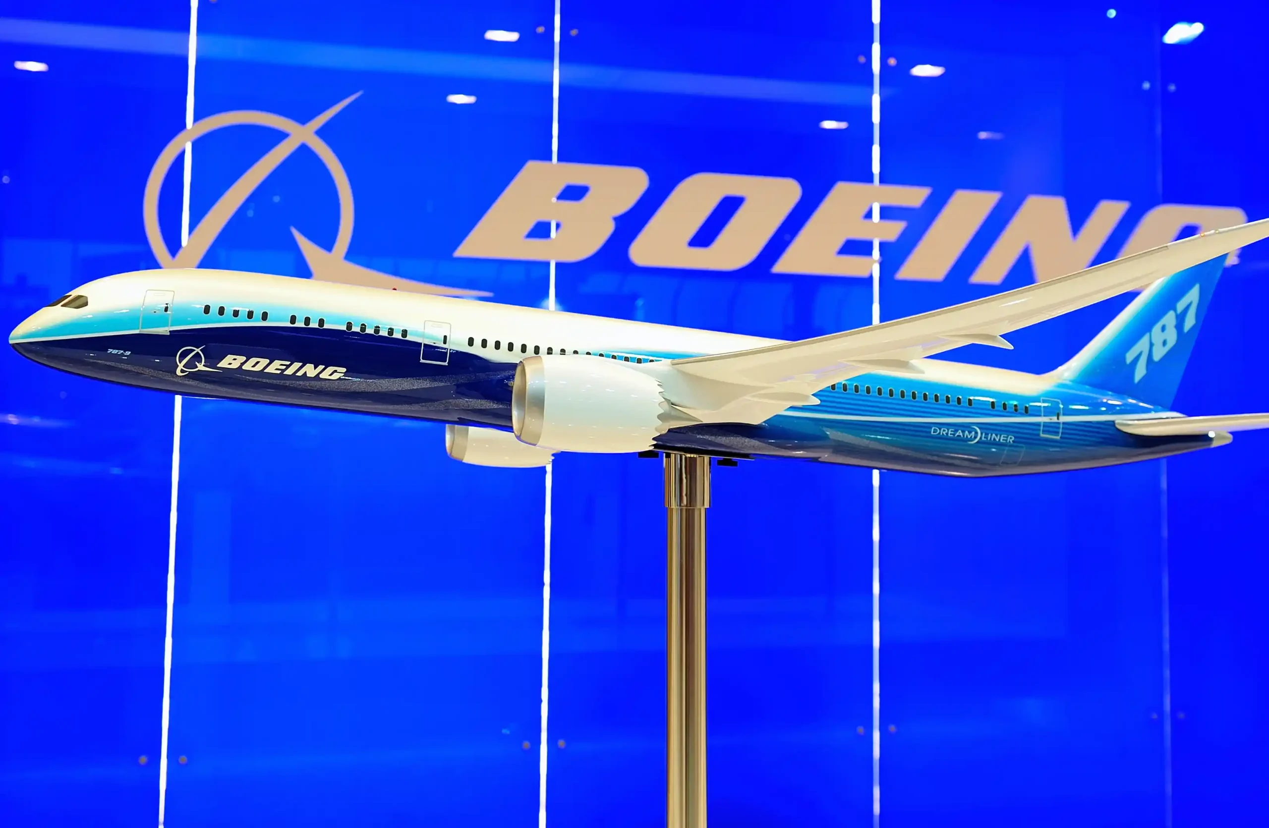 Boeing 787 Dreamliner model plane on display at Singapore Airshow February 17, 2012 in Singapore