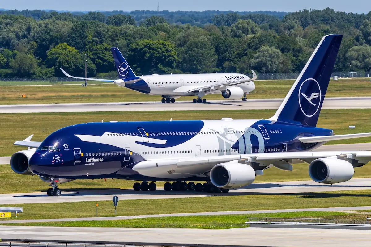 Lufthansa Airbus A380-800 airplane with 100 Years Lufthansa Anniversary special livery at Munich airport in Germany