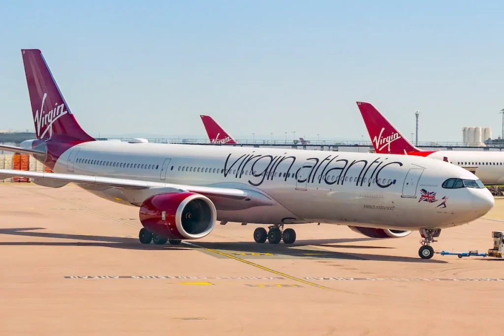 Virgin Atlantic Airbus A330neo jet pushing back for departure from the terminal at London Heathrow airport