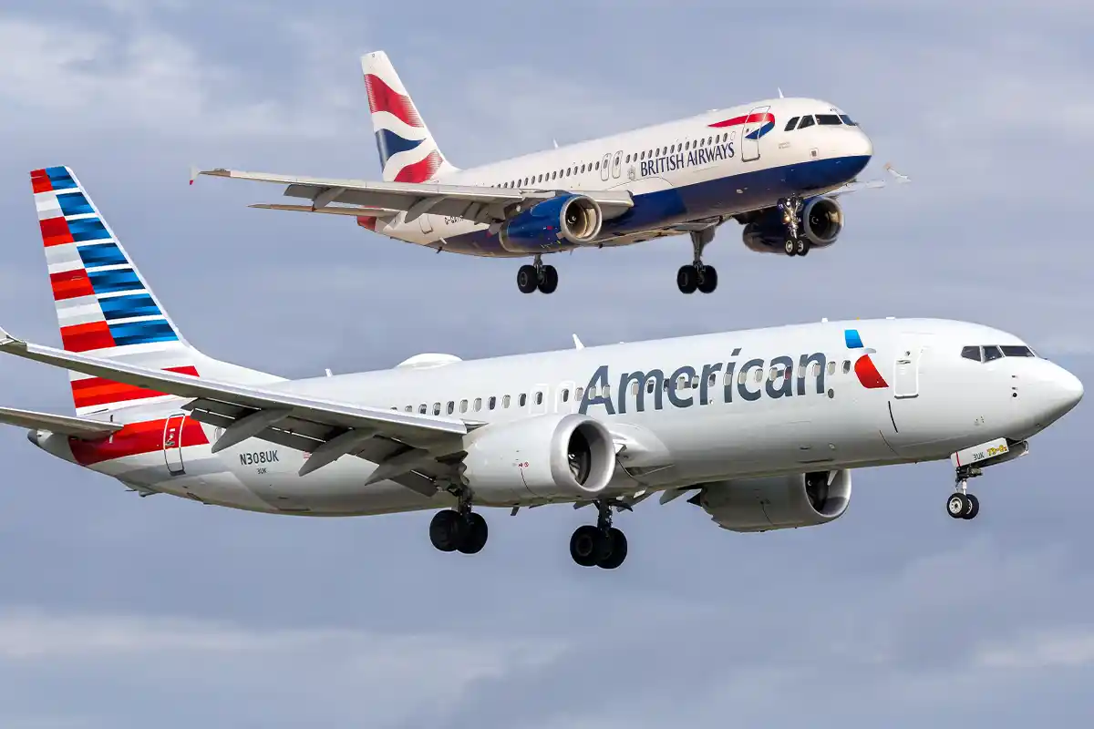 An American Airlines Boeing 737 MAX and British Airways Airbus A320