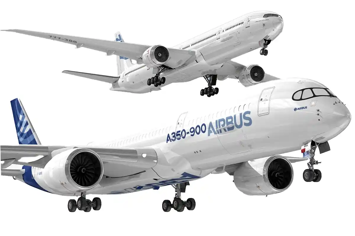 An Airbus A350-900 and Boeing 777-300ER 3D rendering