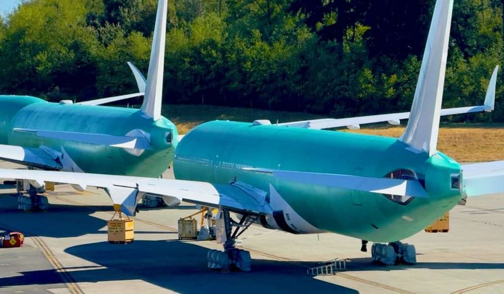 Everett, USA - 08 13 2025: Boeng 777X waiting on Boeing air field