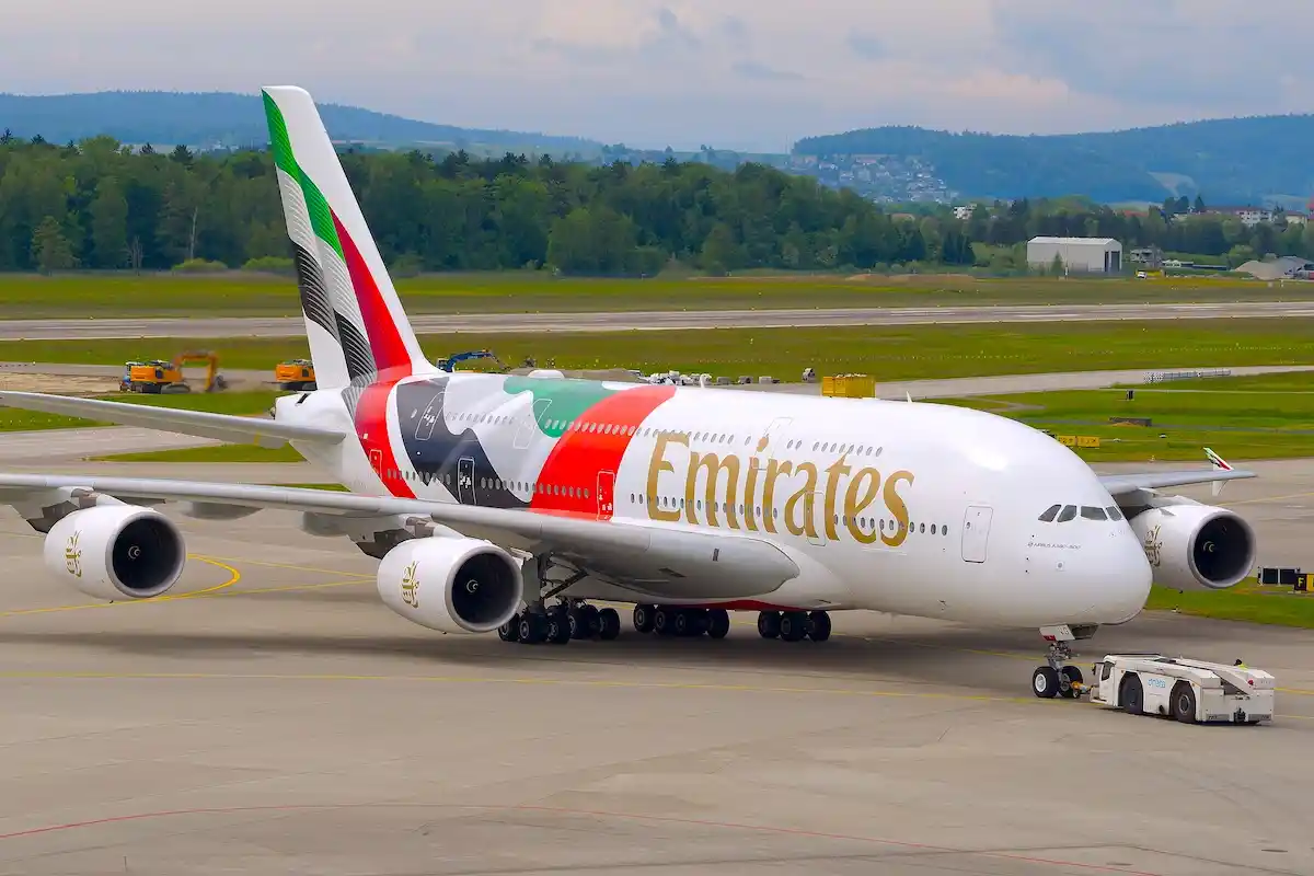 Emirates Airbus A380-842 with the registration of A6-EVG in the UAE flag livery