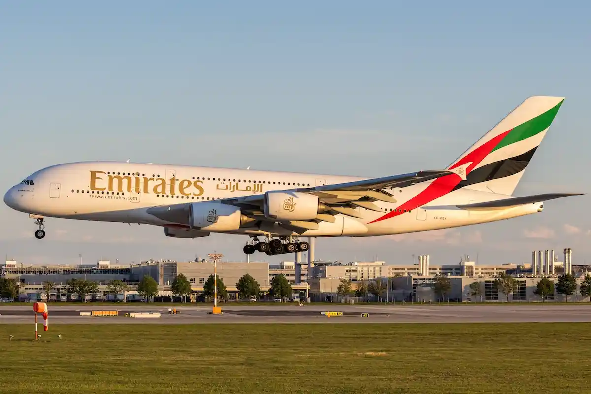 Emirates Airbus A380-800 airplane at Munich airport in Germany