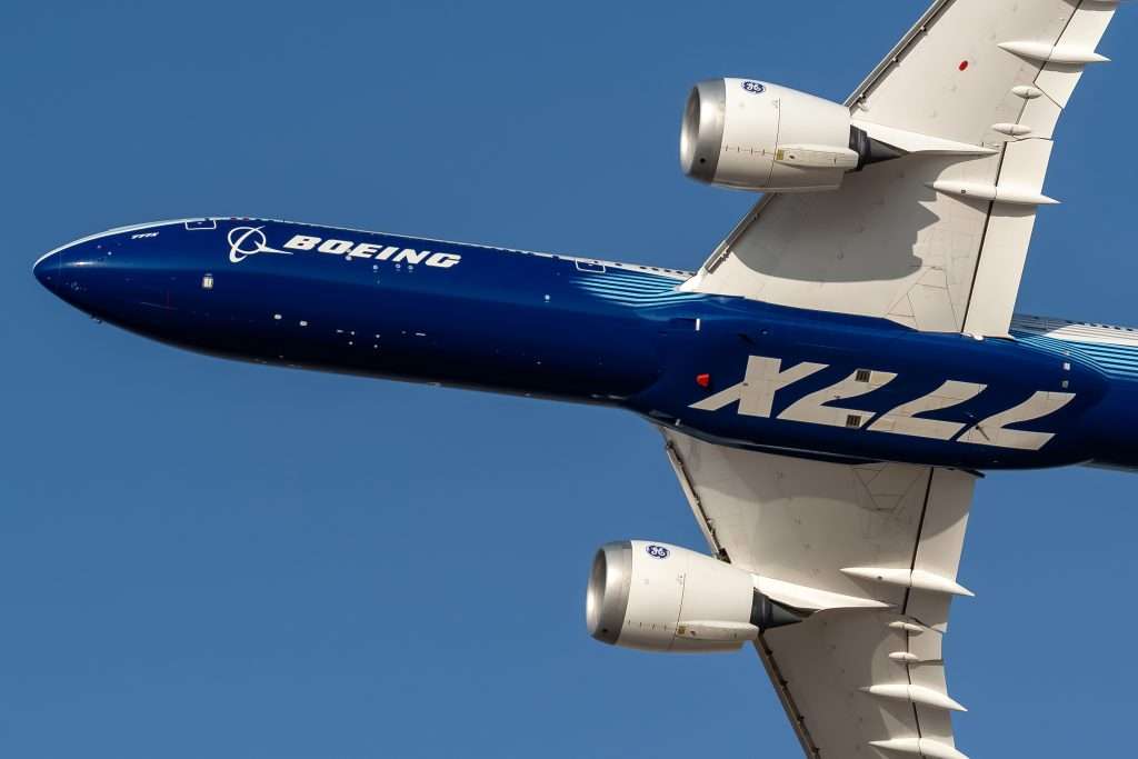 A Boeing 777X during test flights at the Dubai Airshow in 2023