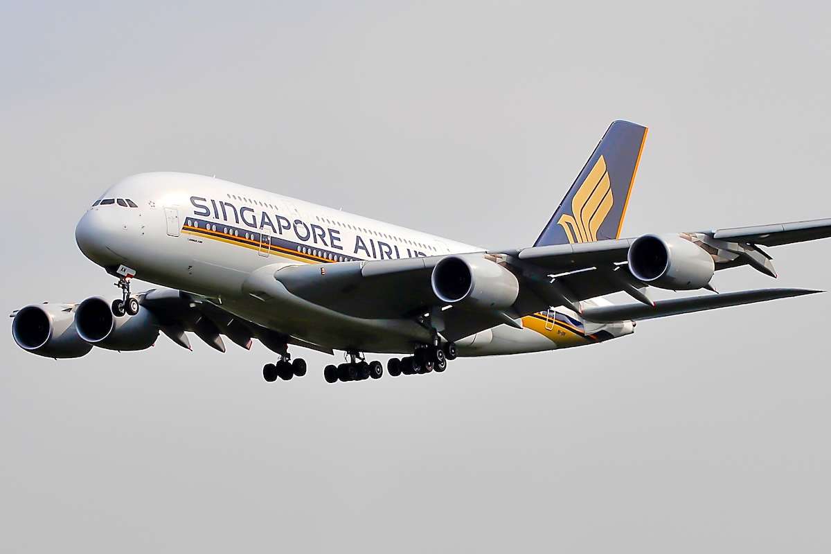 Singapore Airlines Airbus A380 over airport on August 10,2015 in Frankfurt,Germany.