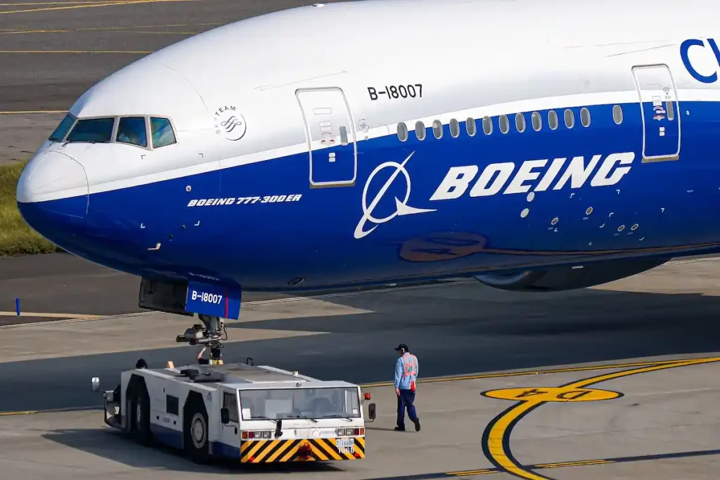 A Boeing 777-300ER of China Airlines, Taiwan's flag carrier, in "Boeing" livery