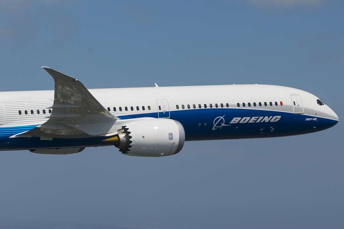 A Boeing 787-10 operates its first flight
