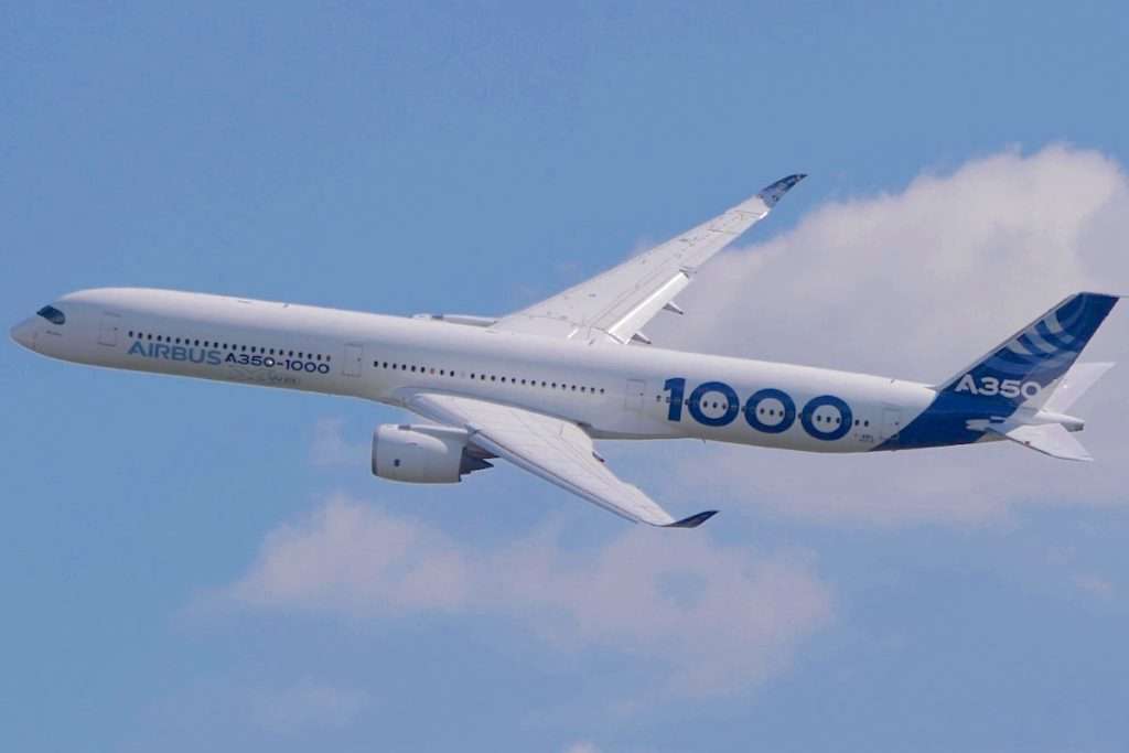 Airbus A350-1000 flies in the sky during MAKS 2021 air show