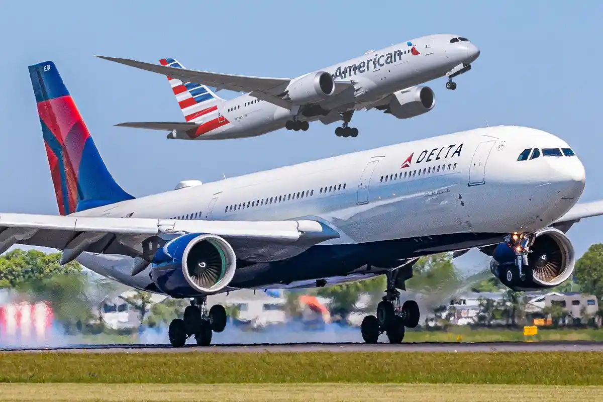An Airbus A330 and Boeing 787 Dreamliner with Delta and American Airlines