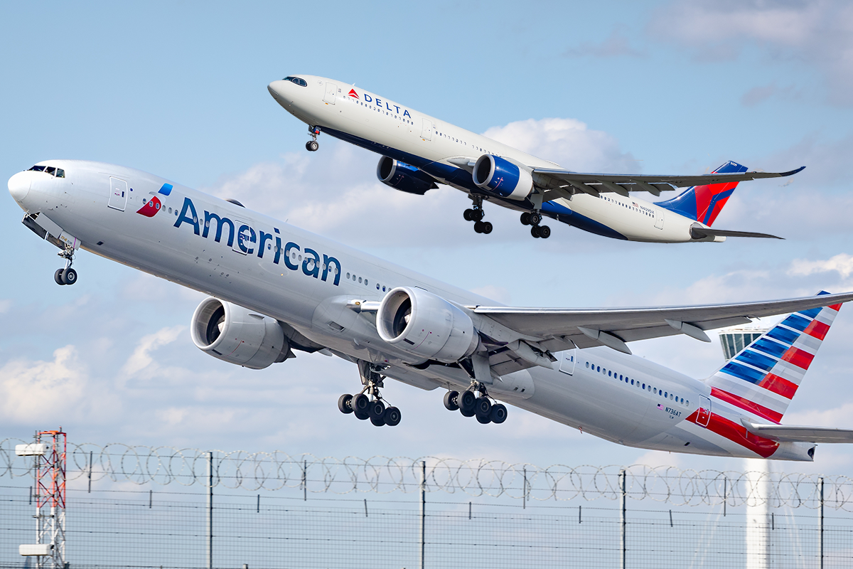 An American Airlines Boeing 777 and Delta Air Lines A330neo departing