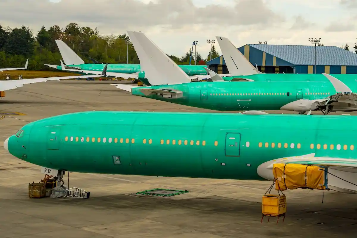 Unfinished Boeing 777X jets in Everett, Washington