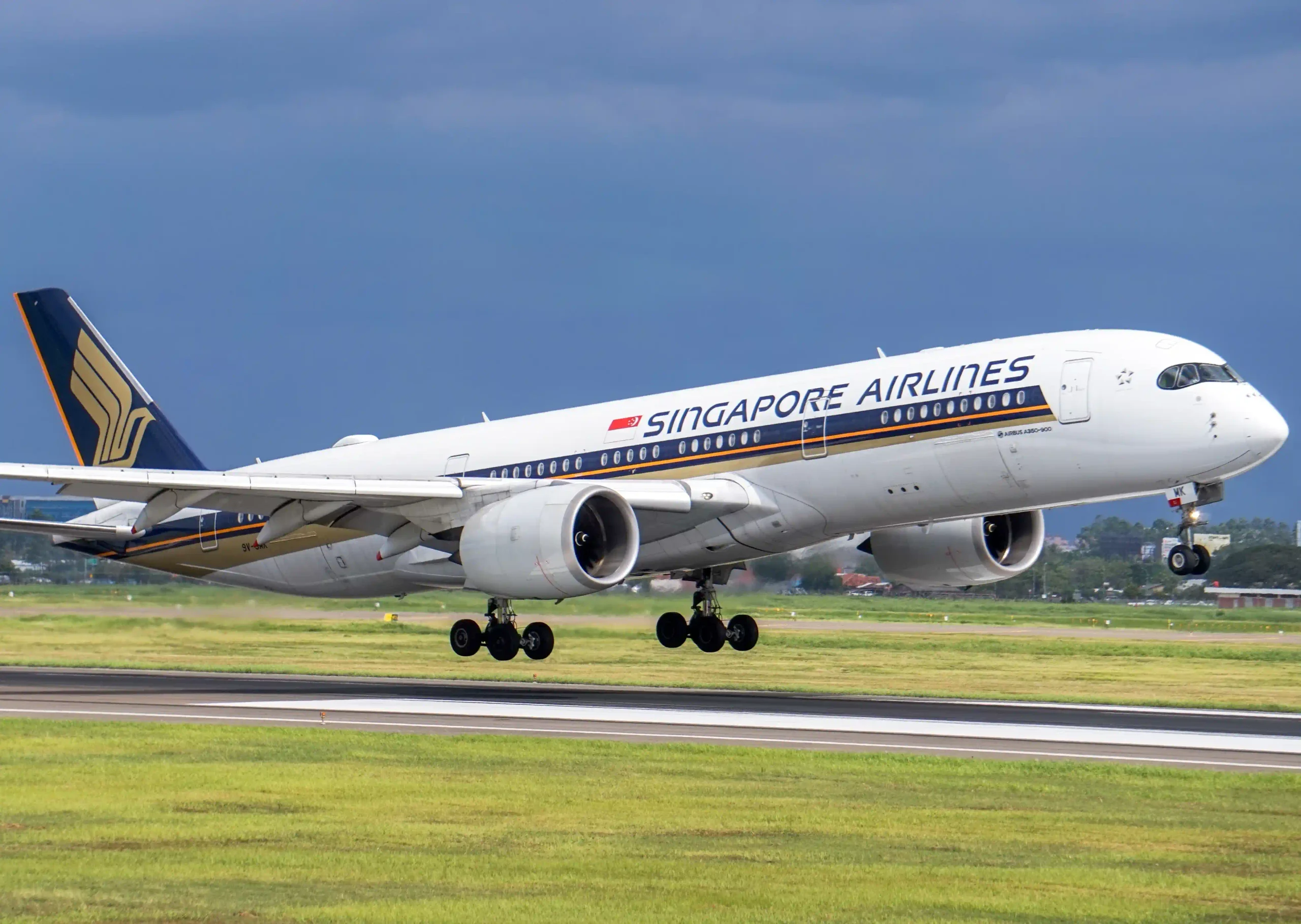 Singapore Airlines Airbus A350-941, registration 9V-SMK, landing at Soekarno-Hatta International Airport in Indonesia